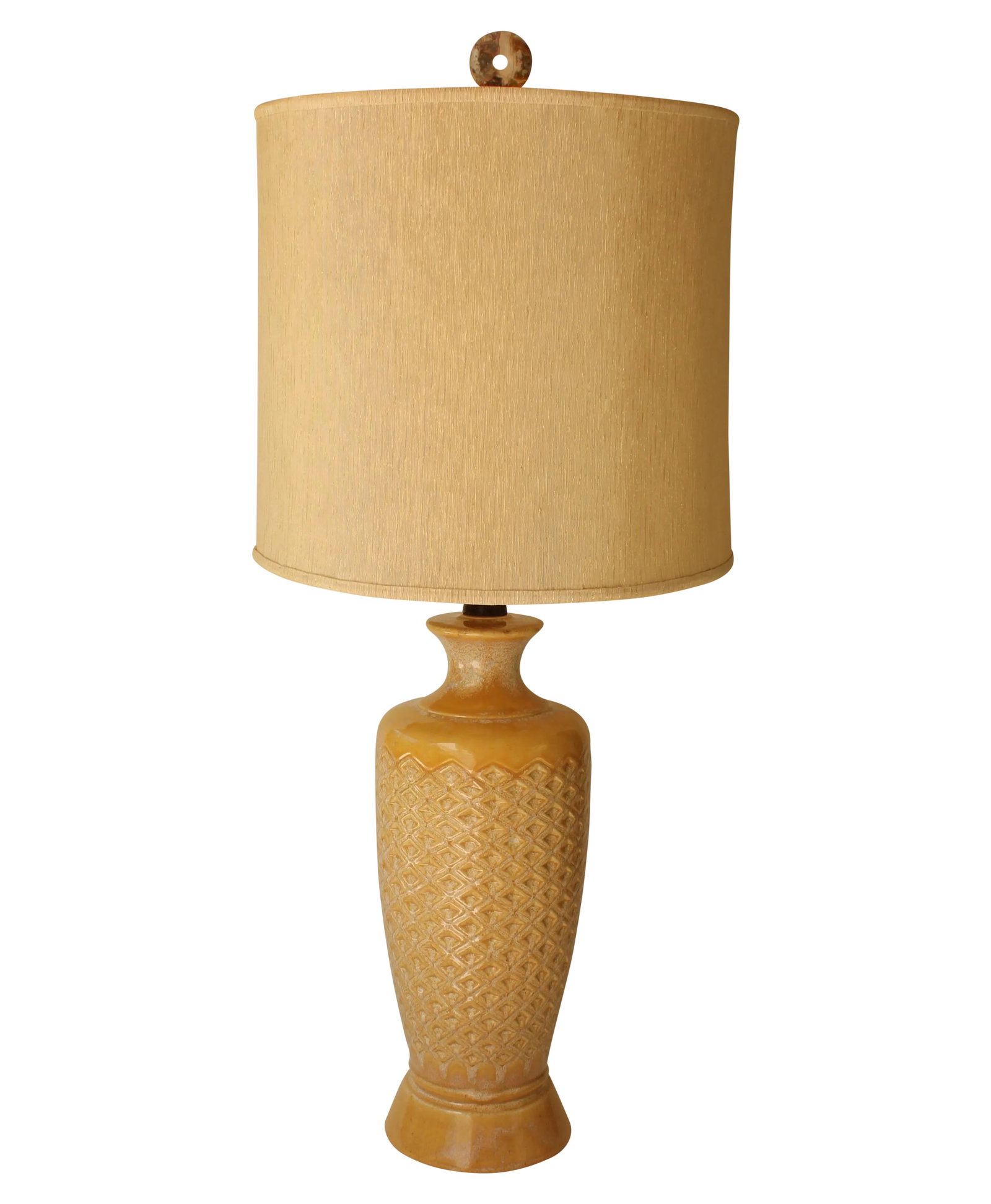 Crosshatch Mid-Century Ceramic Table Lamp With Mottled Glaze: Vintage ceramic vessel with a dramatic, glossy drip glaze featuring rich, buttery yellows. Topped with a handmade, crazy lace agate finial. Rewired with a cloth-covered cord and a new three-way,