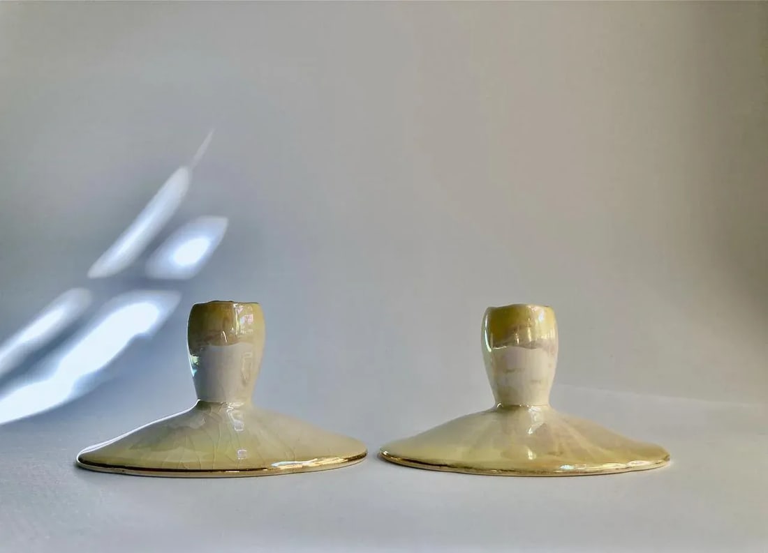 Antique Royal Winton Yellow Lustre Porcelain Low Candleholders- a Pair - 11