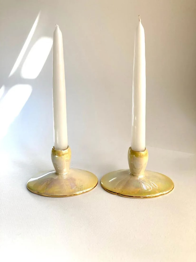 Antique Royal Winton Yellow Lustre Porcelain Low Candleholders- a Pair - 12