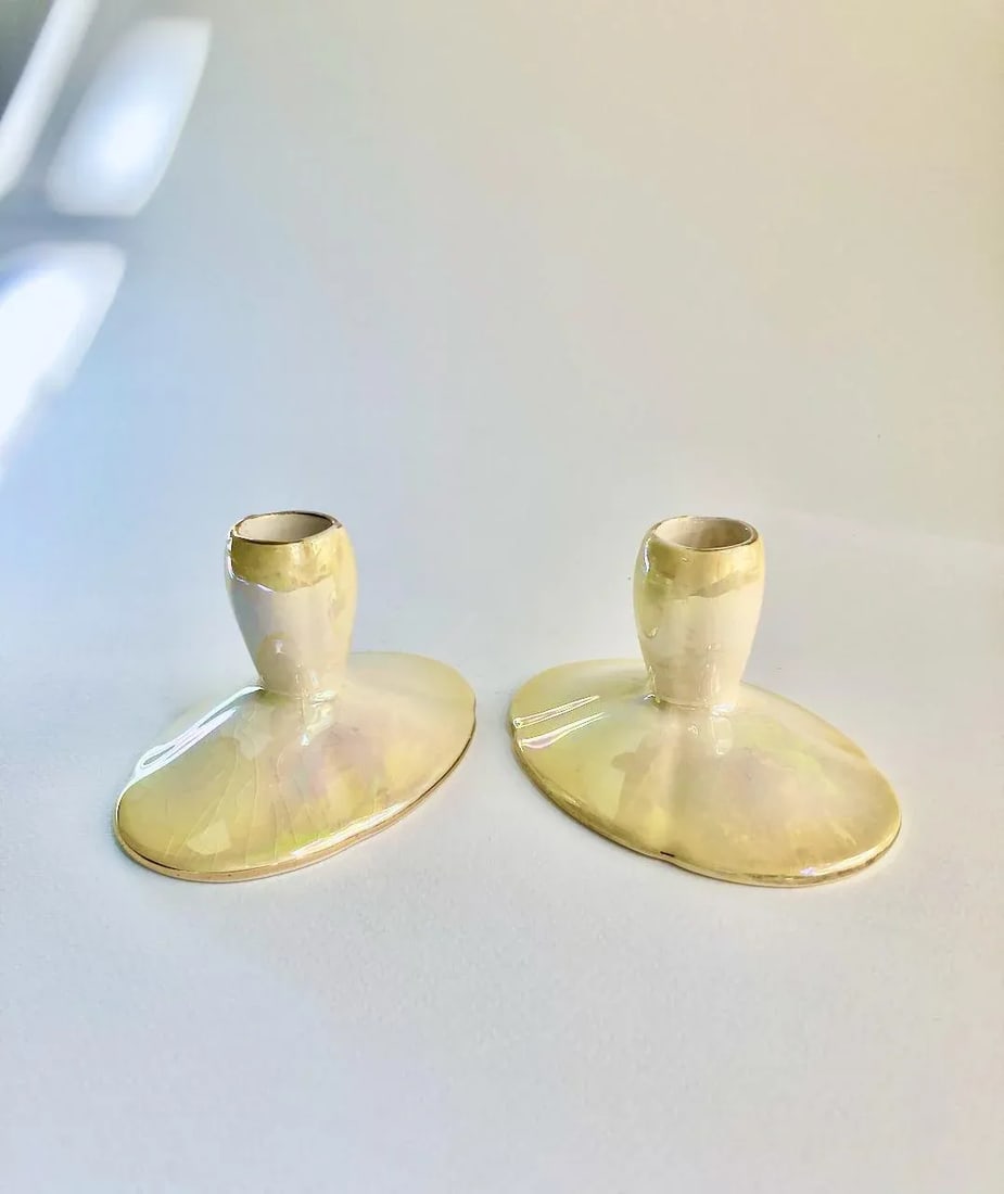 Antique Royal Winton Yellow Lustre Porcelain Low Candleholders- a Pair - 13