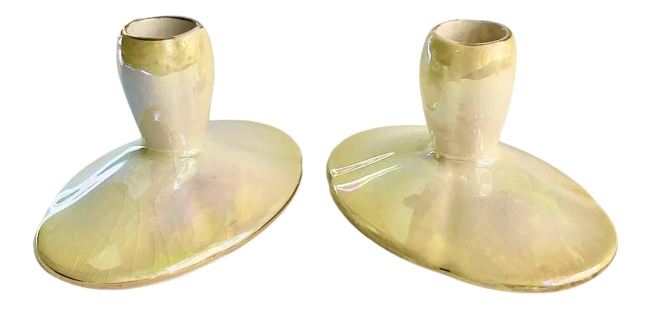 Antique Royal Winton Yellow Lustre Porcelain Low Candleholders- a Pair: Pair of Royal Winton Grimwaldes Pale Yellow Lustre Porcelain Candlesticks. Oval and low Gold rimmed glazed Pale Yellow form, shown with 8"H White candles (candles shown for display only and not