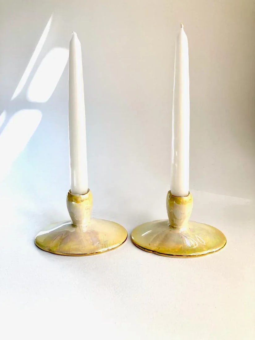Antique Royal Winton Yellow Lustre Porcelain Low Candleholders- a Pair - 2