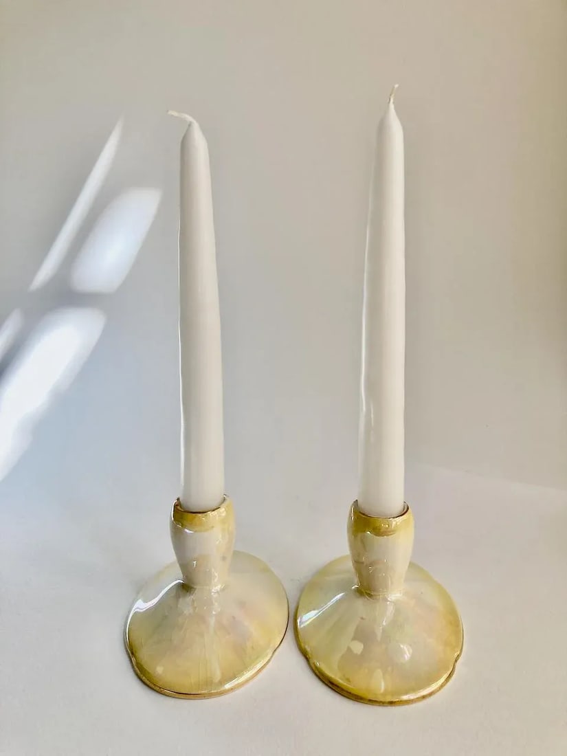 Antique Royal Winton Yellow Lustre Porcelain Low Candleholders- a Pair - 3