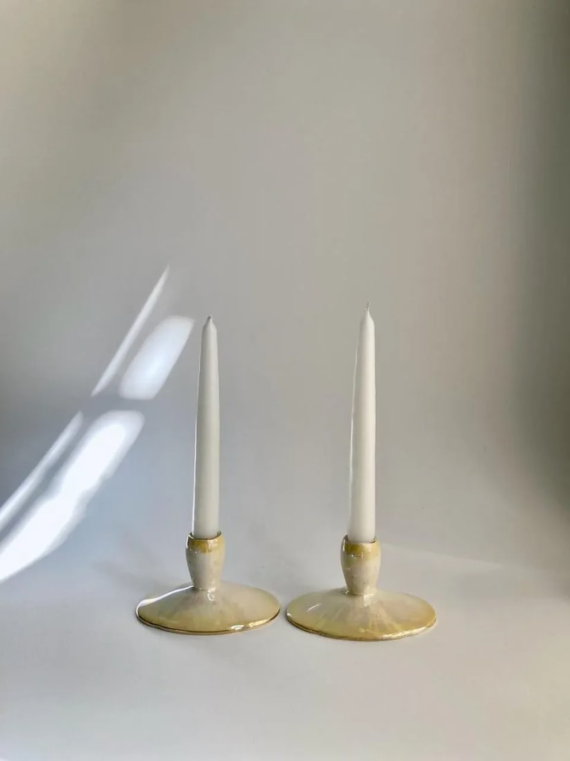 Antique Royal Winton Yellow Lustre Porcelain Low Candleholders- a Pair - 4