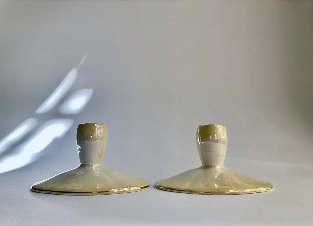 Antique Royal Winton Yellow Lustre Porcelain Low Candleholders- a Pair - 5