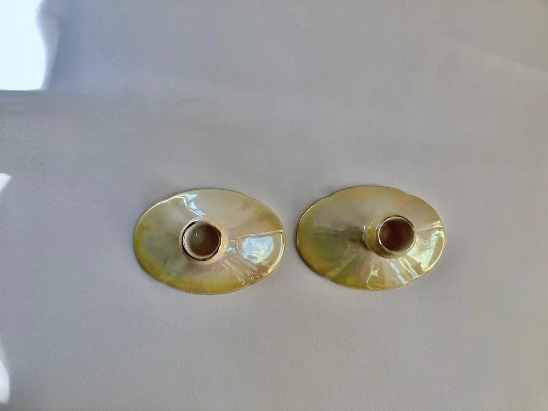 Antique Royal Winton Yellow Lustre Porcelain Low Candleholders- a Pair - 6