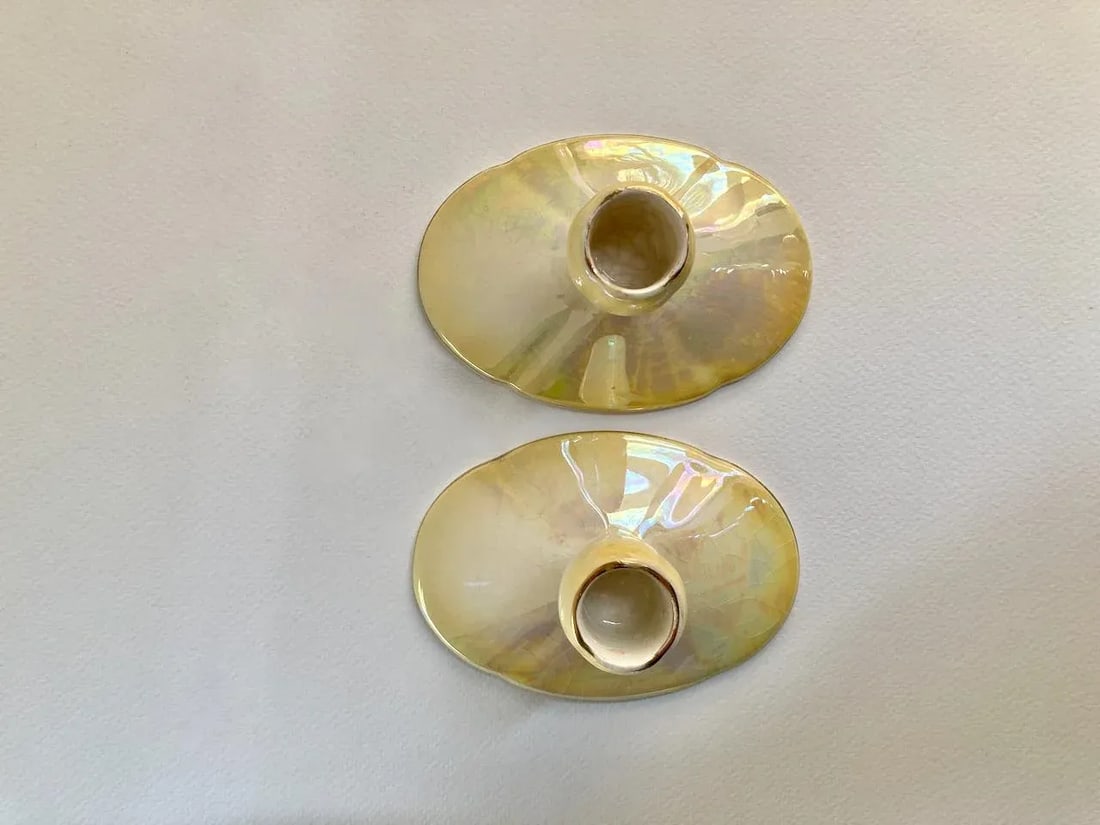 Antique Royal Winton Yellow Lustre Porcelain Low Candleholders- a Pair - 7