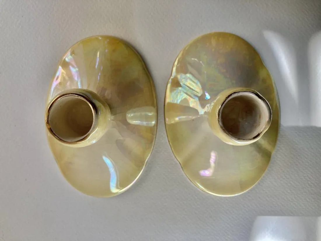 Antique Royal Winton Yellow Lustre Porcelain Low Candleholders- a Pair - 8