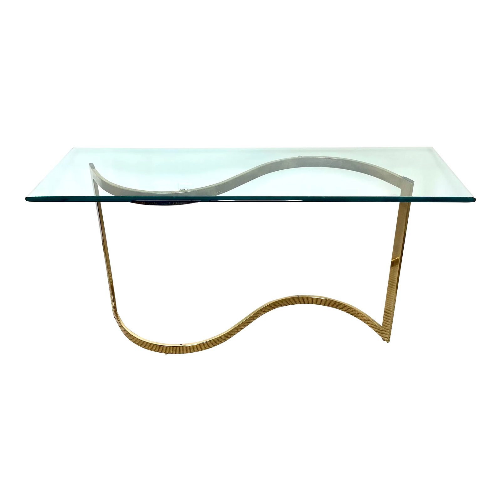 Mid 20th Century Hollywood Regency Style Glass and Brass Console Table: Vintage table with a sleek modern look, reminiscent of pieces by Maison Jansen and Karl Springer. It consists of two pieces- the glass top (very heavy, thick glass, weighing nearly 40 lbs) sits on a m