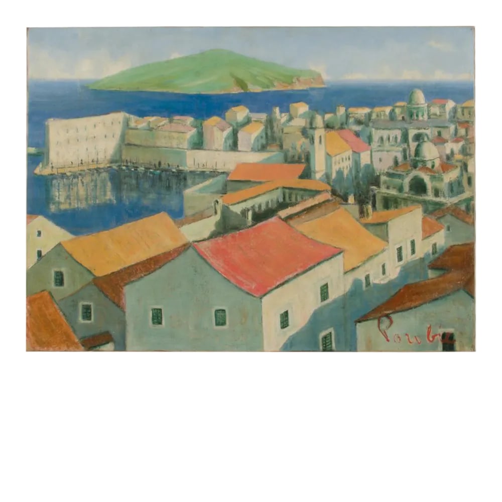 An Oil Painting of a Croatian Seascape & Town by Branko Porobic (Yugoslavian 1909 - 2004). (1 of 8)
