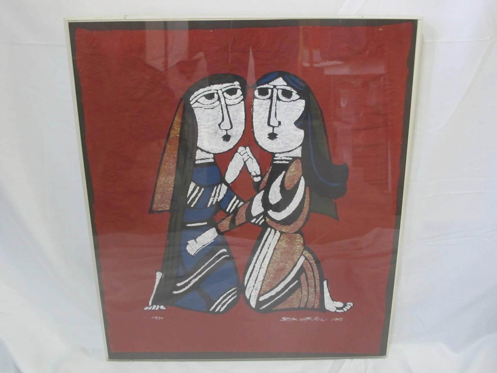 Sadao Watanabe Japanese Signed Framed Katazome "Mary Visiting Elizabeth" - 7