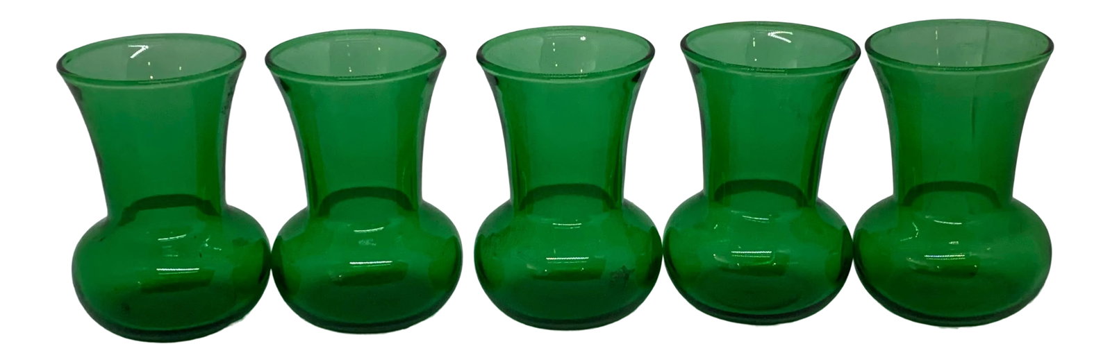 Mid Century Small Vases - Set of 5: Radiant green Mid Century cluster of small vases set of 5. Perfect for your holiday table. Condition: Alterations: Original Condition Unaltered Imperfections: Some Imperfections Condition Notes: