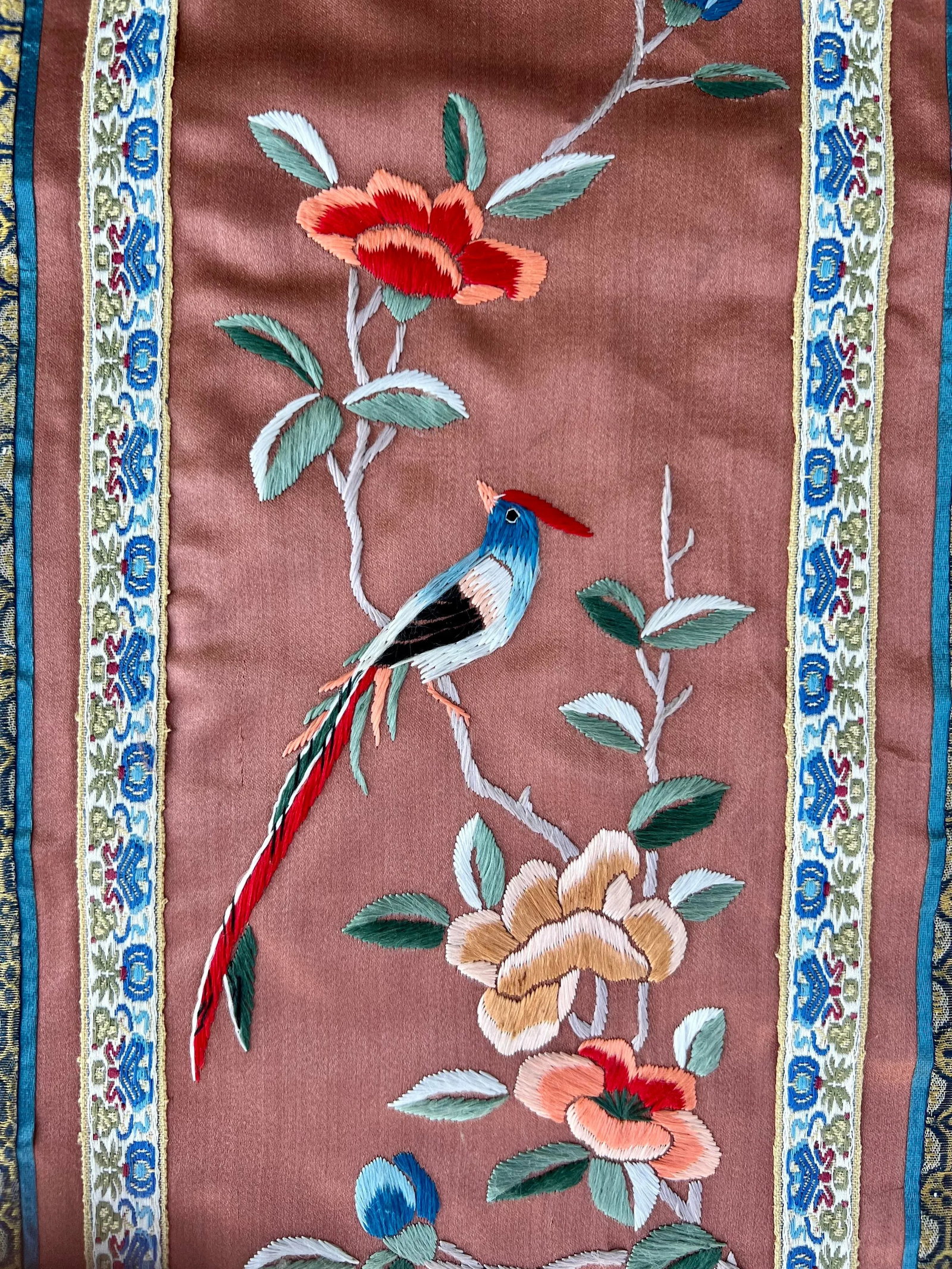 Chinoiserie Floral Bamboo and Bird Embroidered Silk Brocade Panels- - Pair - 5