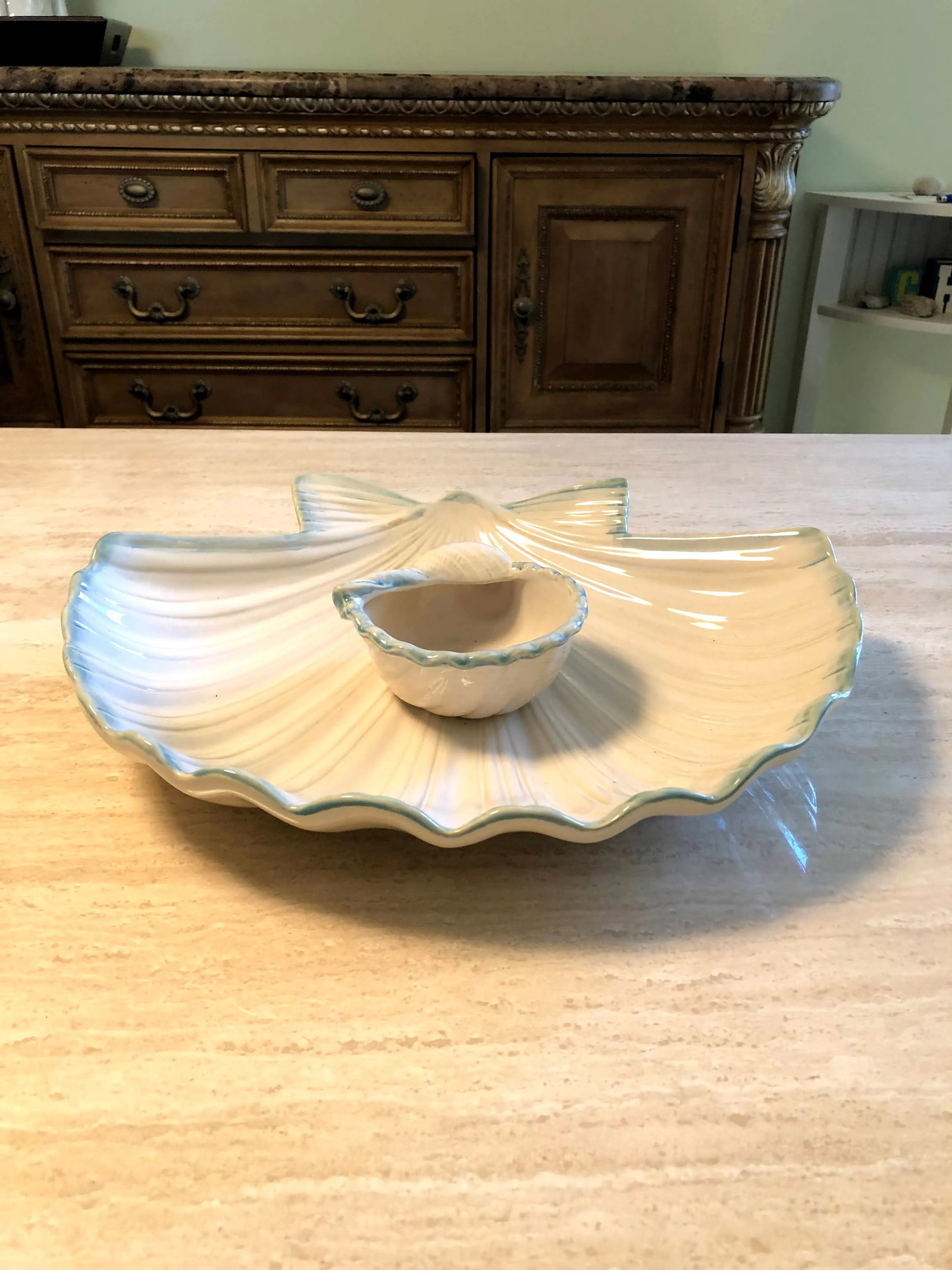 Contemporary Ceramic Seashell Chip & Dip Bowl Set- 2 Pieces - 12