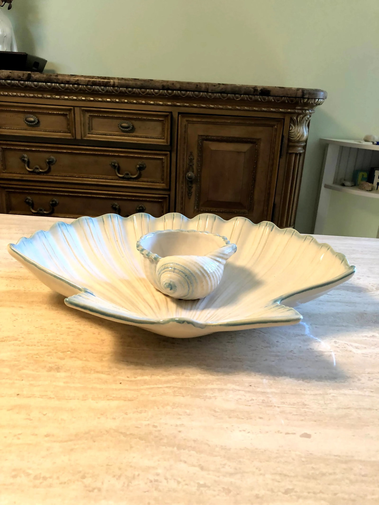 Contemporary Ceramic Seashell Chip & Dip Bowl Set- 2 Pieces - 4