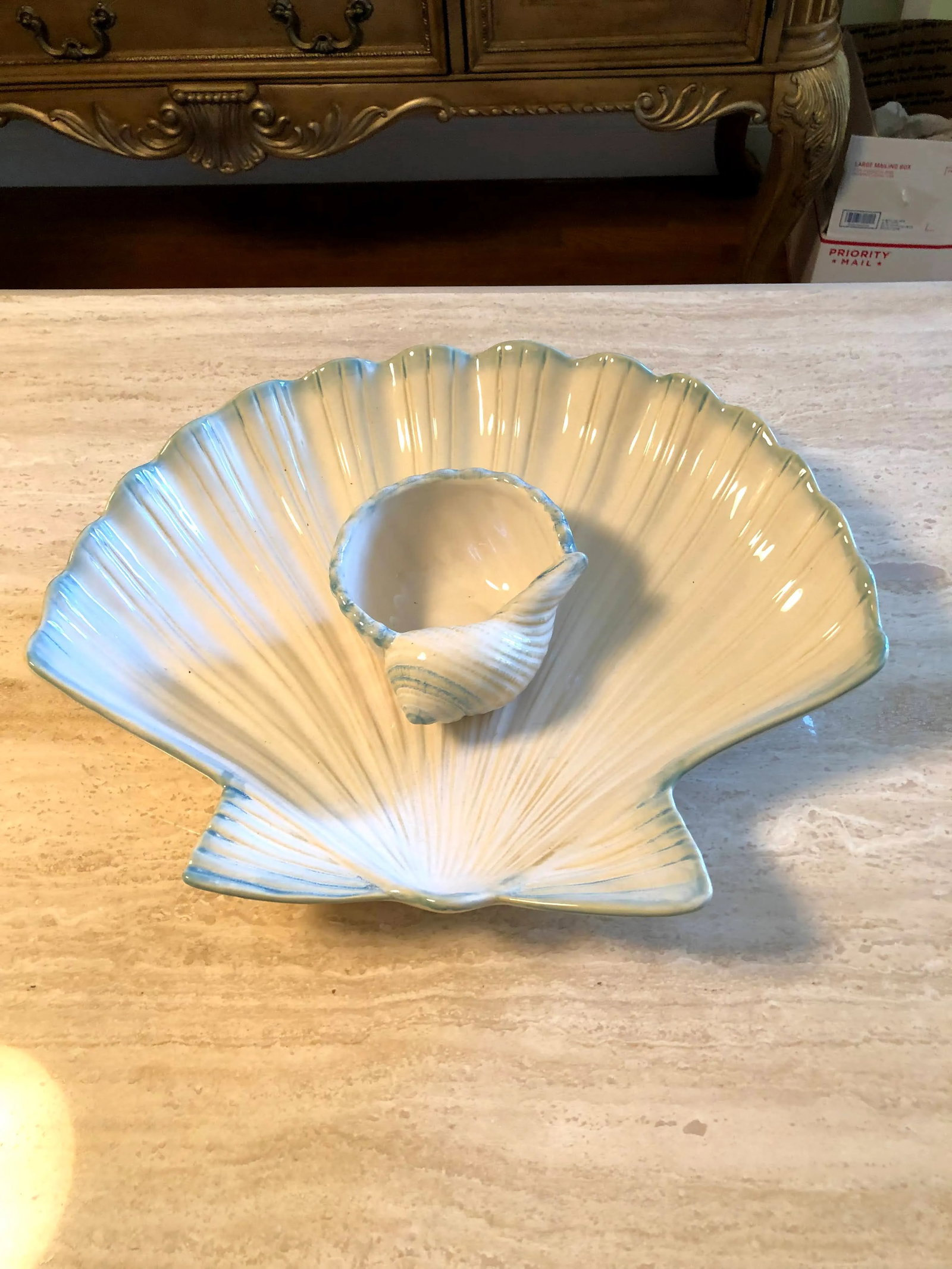 Contemporary Ceramic Seashell Chip & Dip Bowl Set- 2 Pieces - 9