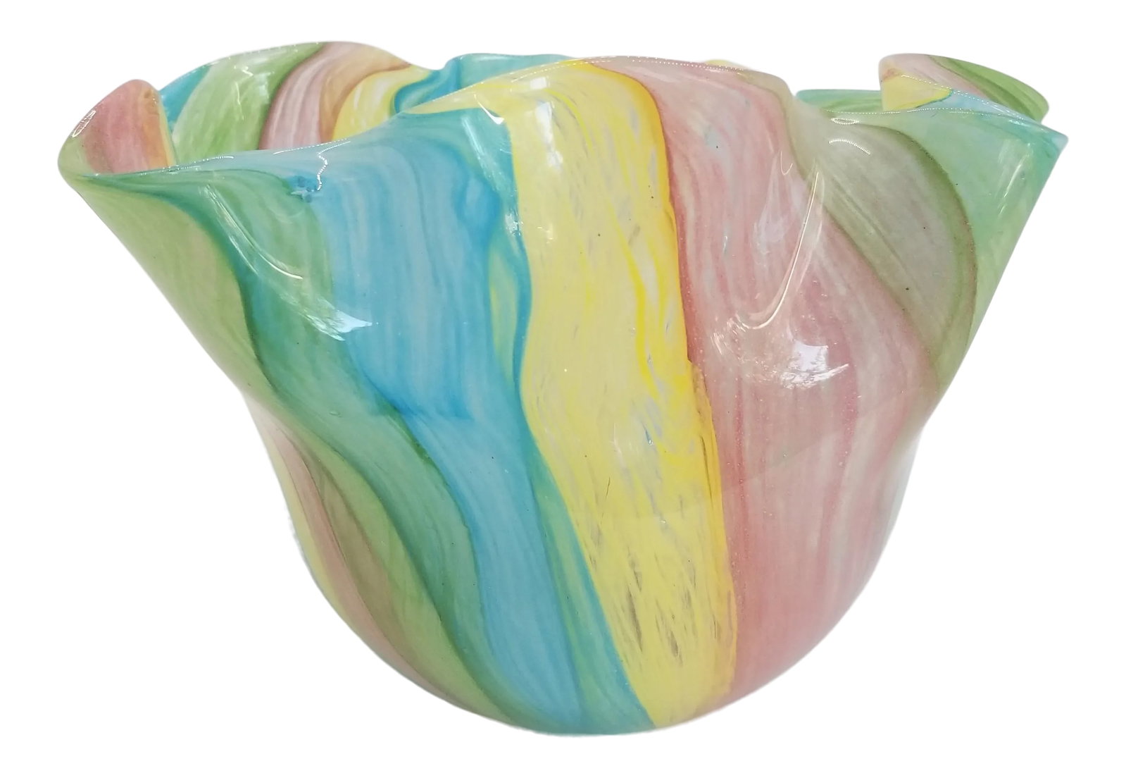 1980s Dirwood Multicolored Murano-Style Pastel Art Glass Ruffled Edge Bowl: Absolutely gorgeous, art glass vase in italian ice colors with a ruffled lace edge. Condition: Alterations: Original Condition Unaltered Imperfections: Some Imperfections Condition Notes: No