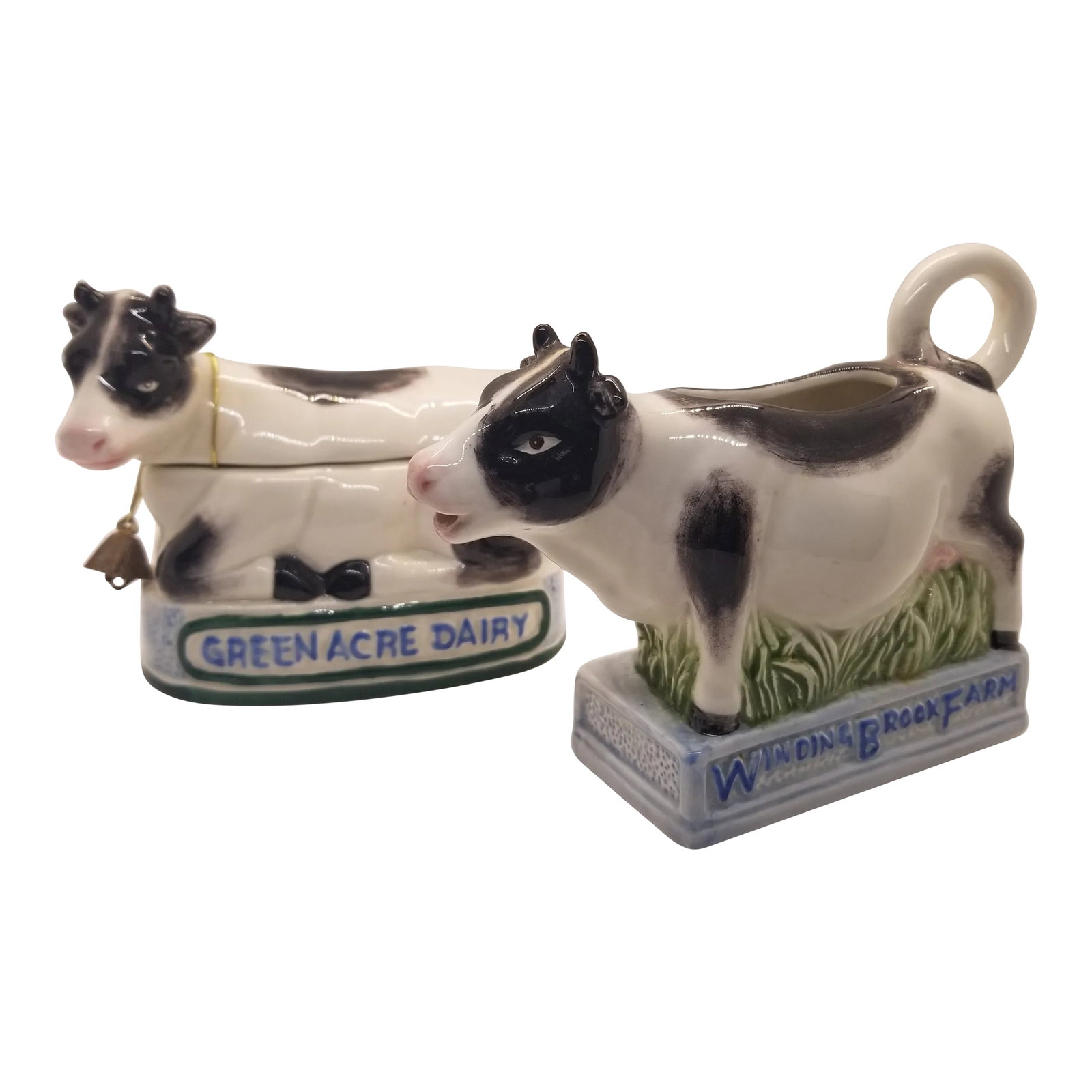 1996 Fitz & Floyd Cow Omnibud Creamer and Sugar Bowl Set- 2 Pieces: 1996 Cow Vintage Creamer Blue Ribbon Dairy by FITZ & FLOYD for Omnibus; Greenacre Dairy and Winding Vrooj Farm Motif Condition: Alterations: Original Condition Unaltered Imperfections: Some