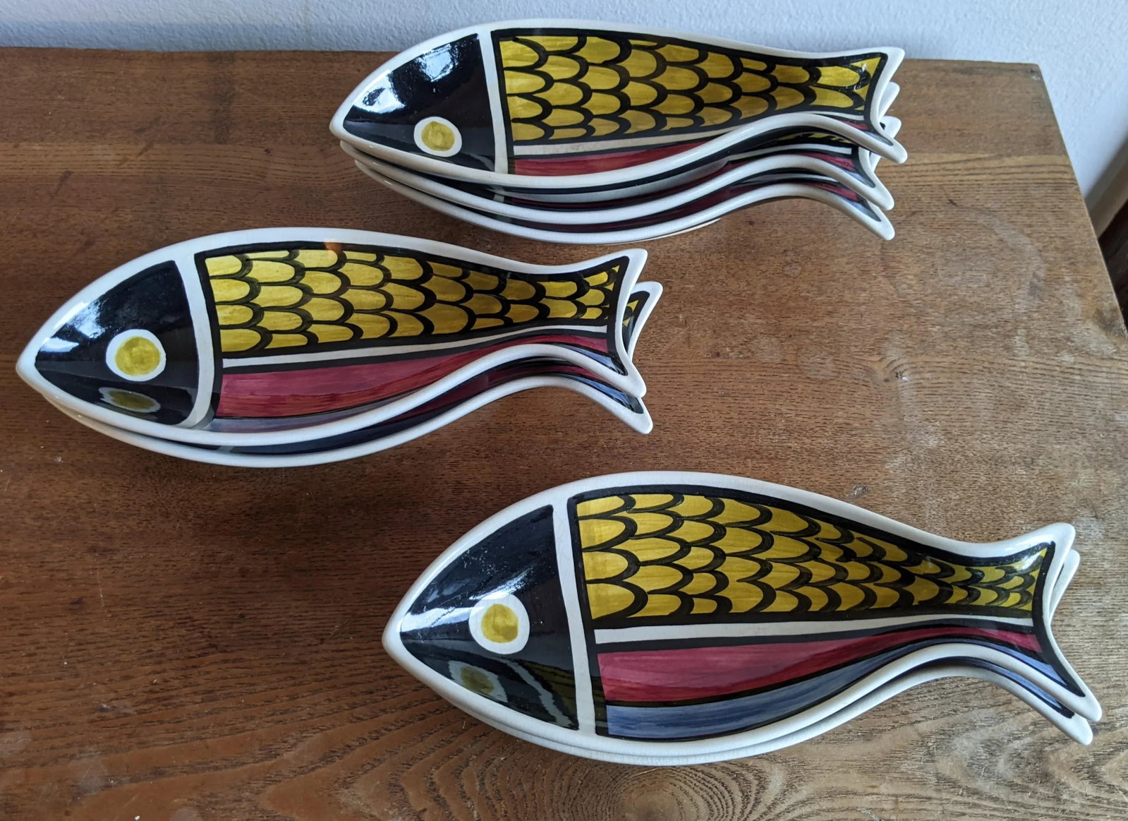 Vintage Color Blocked Swiss Ceramic Fish Snack Plates or Wall Art - Set of 7, Made in Switzerland - 11