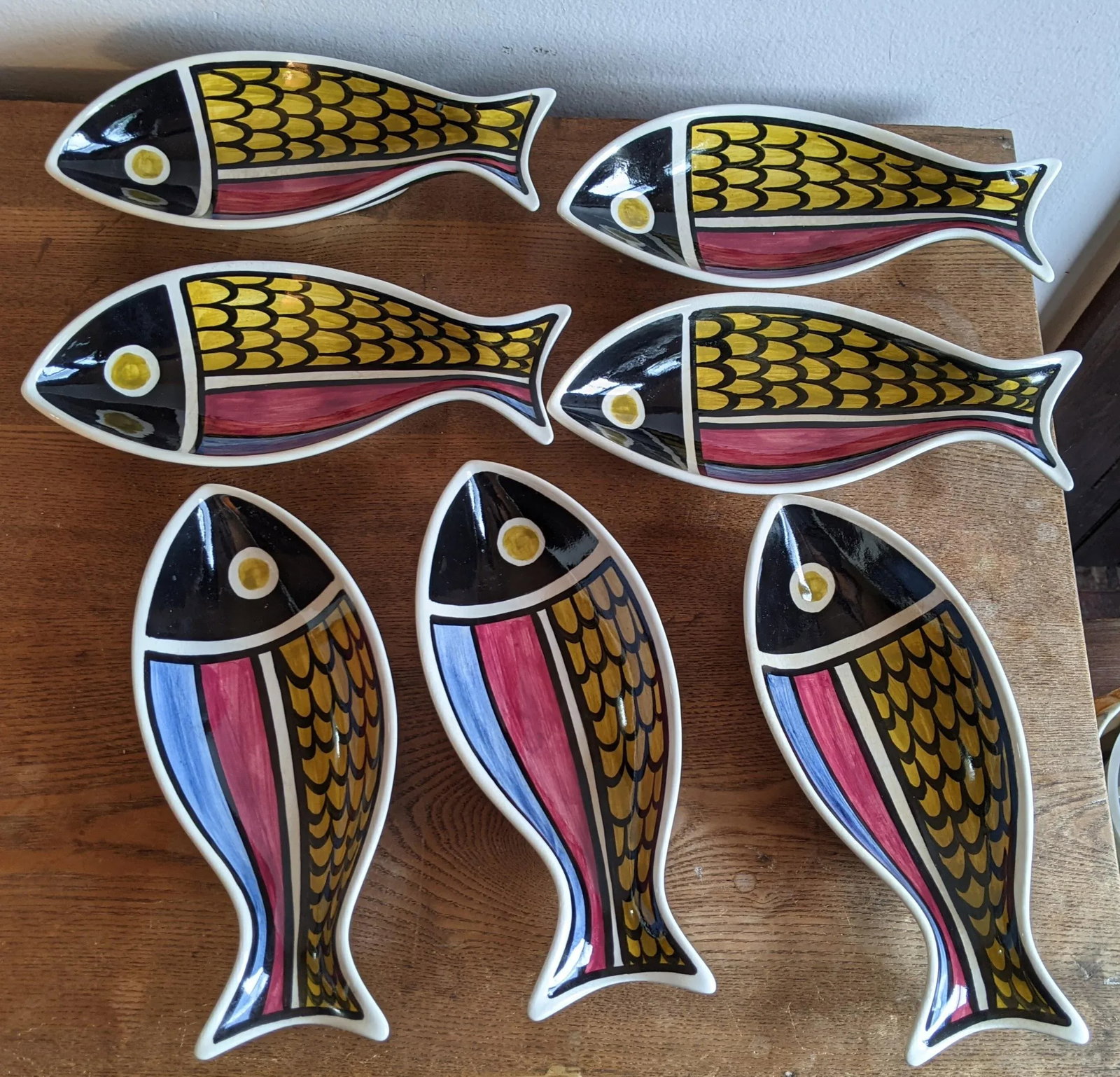 Vintage Color Blocked Swiss Ceramic Fish Snack Plates or Wall Art - Set of 7, Made in Switzerland - 12