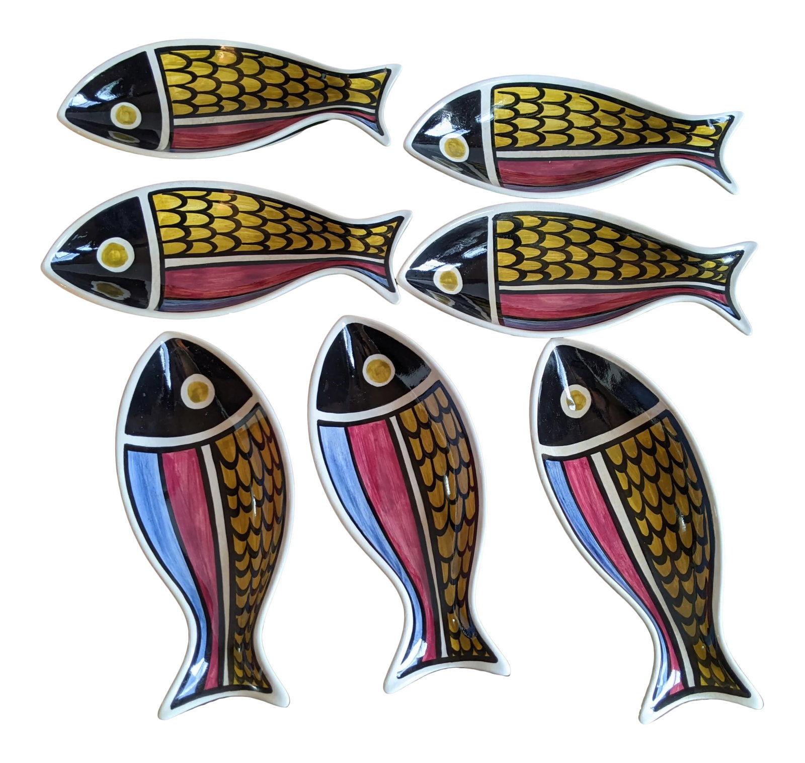 Vintage Color Blocked Swiss Ceramic Fish Snack Plates or Wall Art - Set of 7, Made in Switzerland: Looking for something a little different to brighten up your space? Check out these dual use fish-inspired plates! Can use as snack plates for your next party, or hang them as wall art, using the