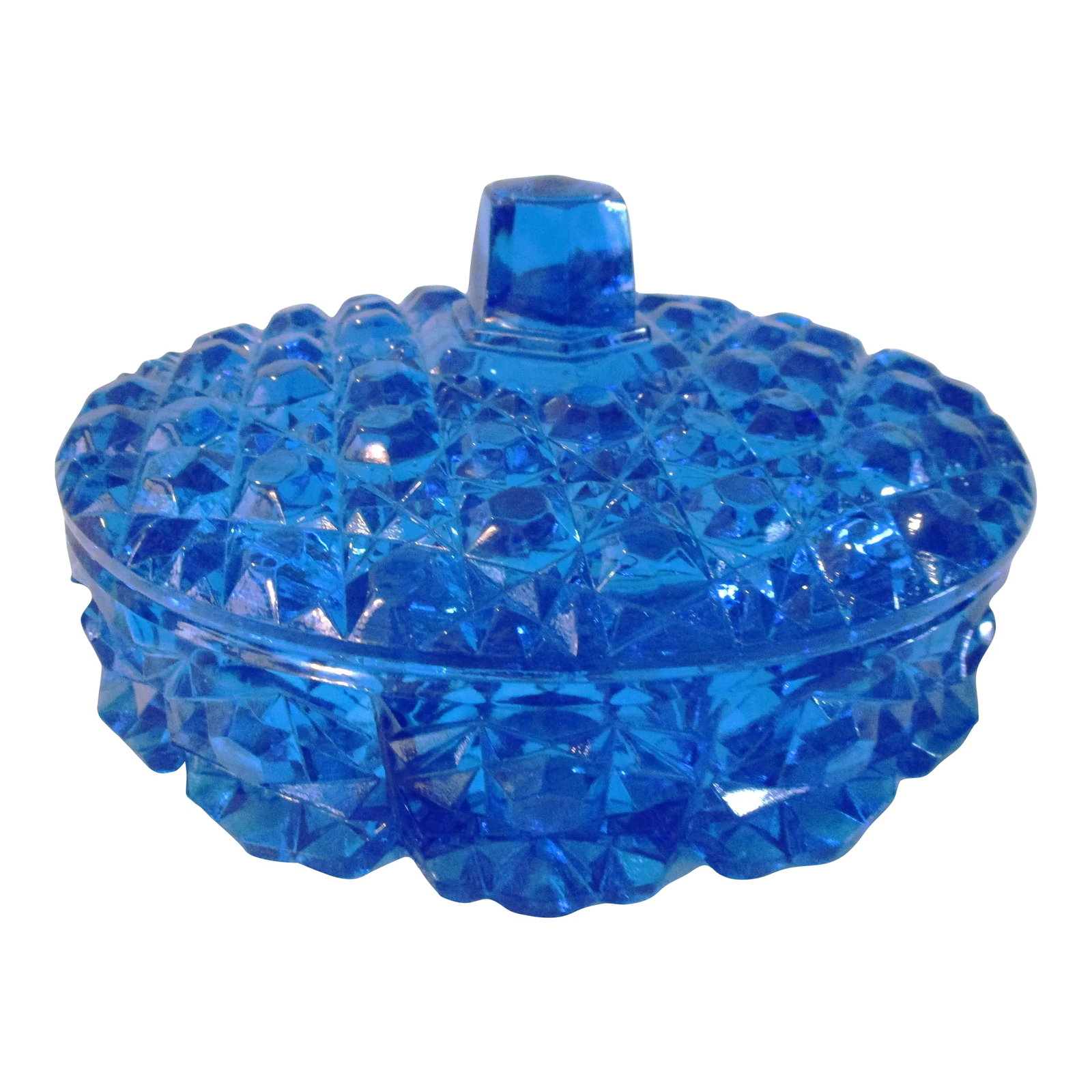 Mid-Century Lazer Blue Cut Glass Lidded Divided Bowl: Gorgeous mid-century clear cut to clear glass lidded divided bowl in a stunning shade of lazer blue. When glass catches the light it looks like shining blue gemstones. Lid lifts to reveal three