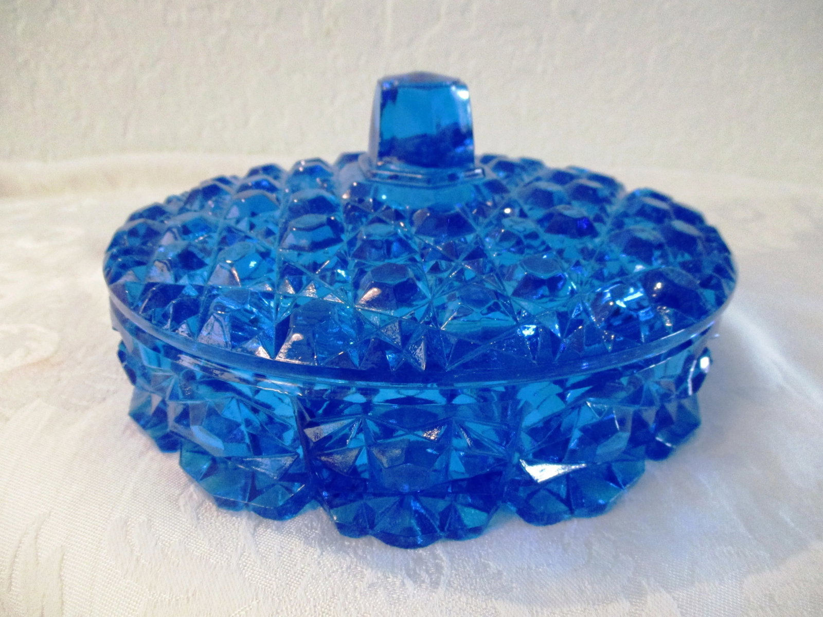 Mid-Century Lazer Blue Cut Glass Lidded Divided Bowl - 2