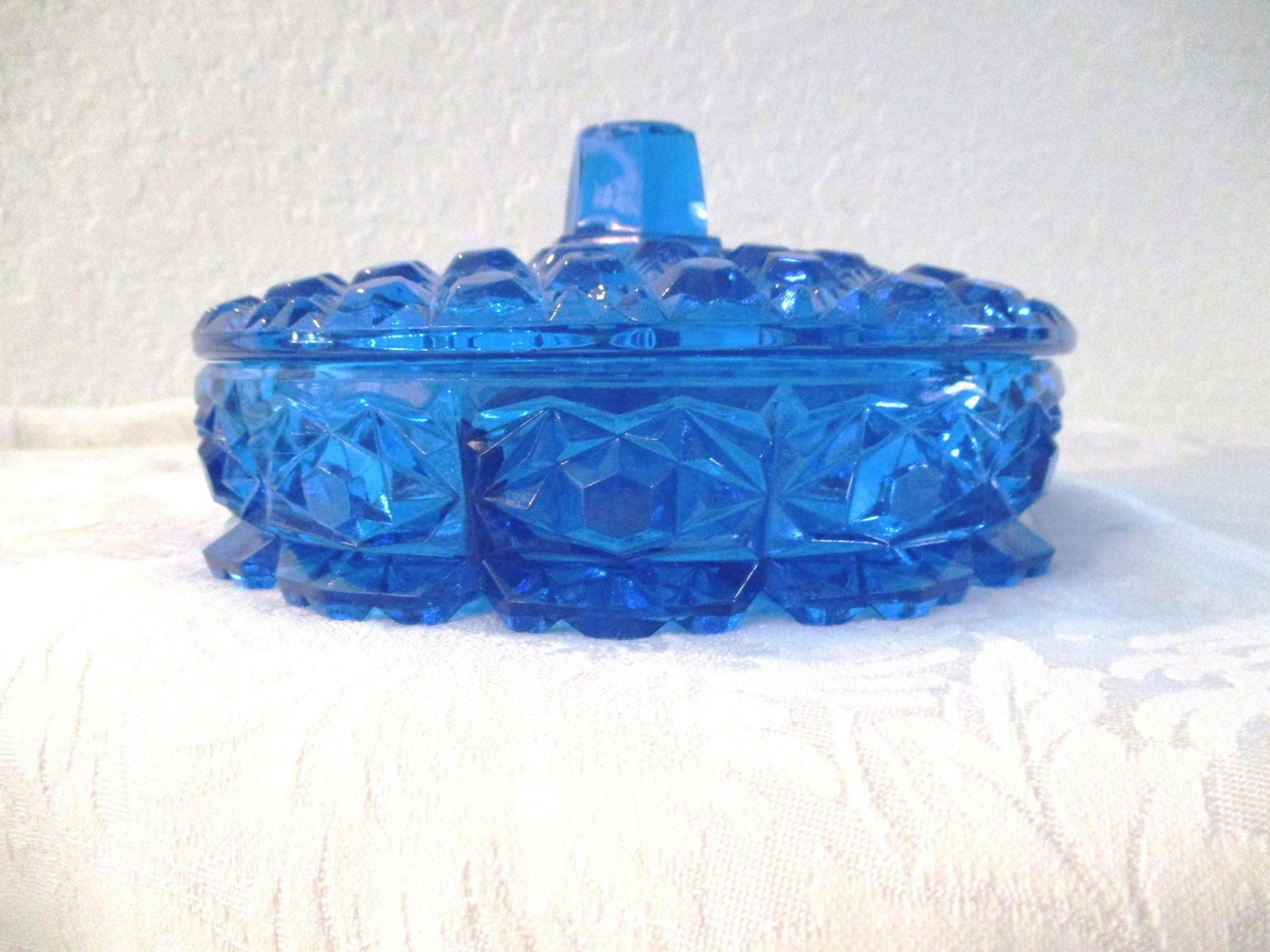 Mid-Century Lazer Blue Cut Glass Lidded Divided Bowl - 3