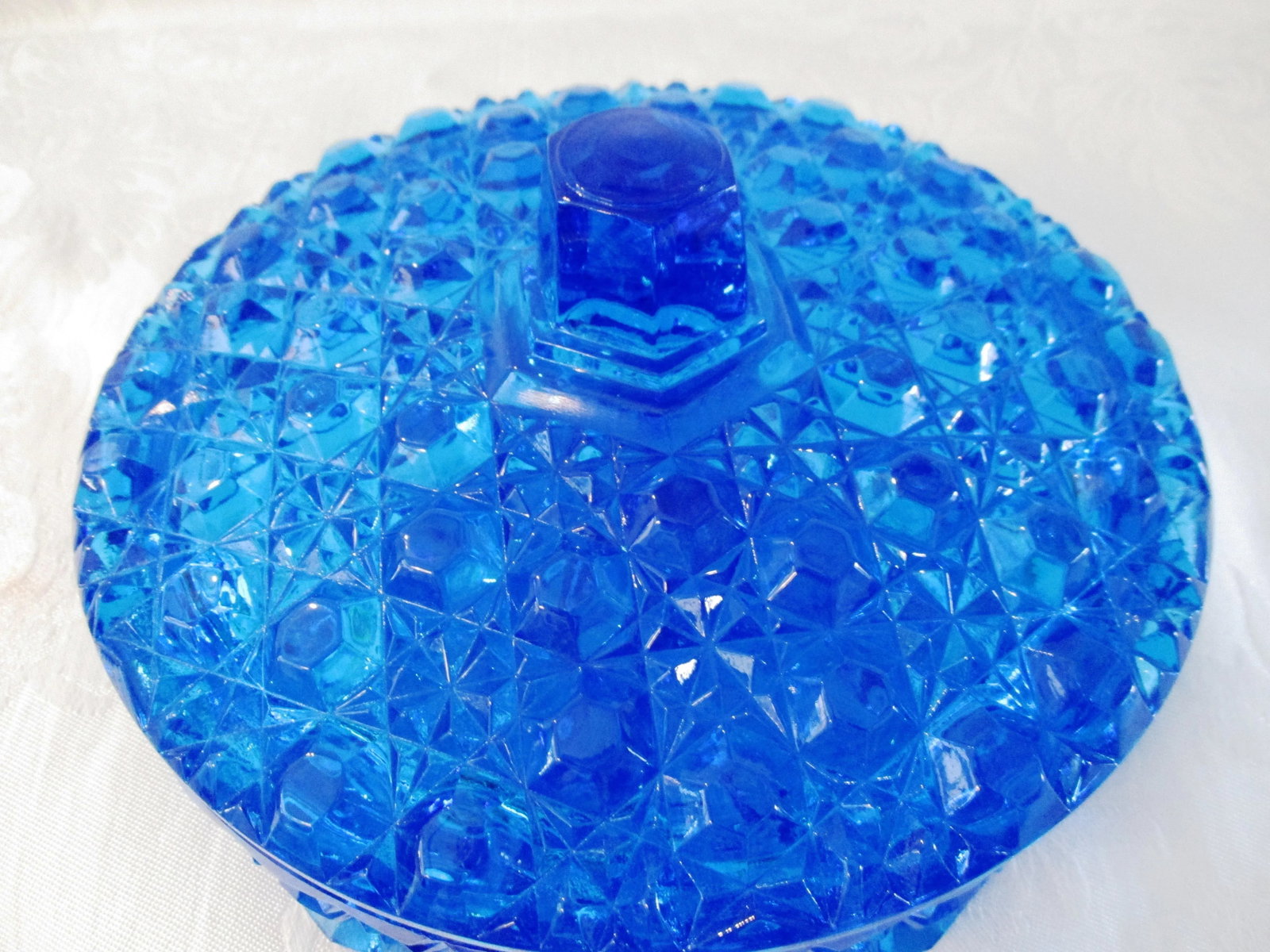 Mid-Century Lazer Blue Cut Glass Lidded Divided Bowl - 4