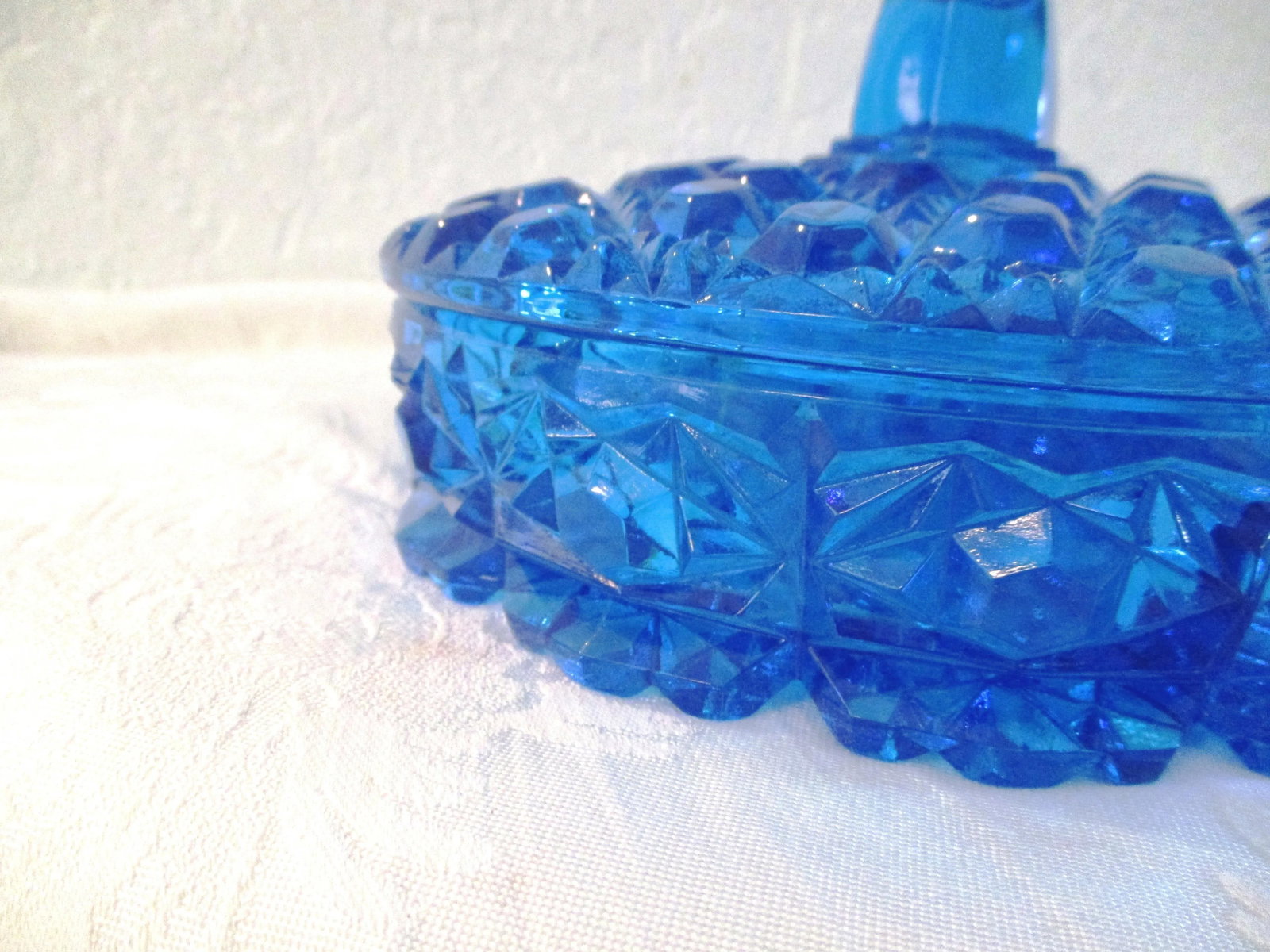 Mid-Century Lazer Blue Cut Glass Lidded Divided Bowl - 6