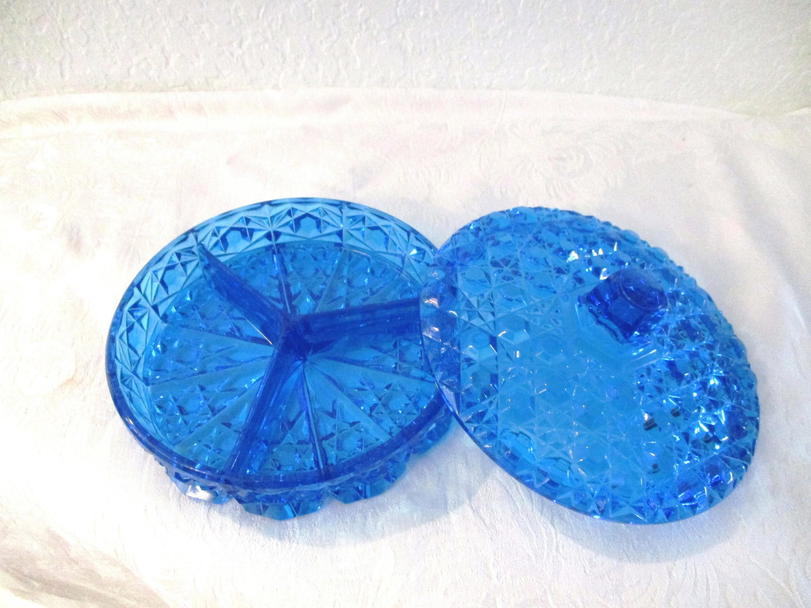 Mid-Century Lazer Blue Cut Glass Lidded Divided Bowl - 7