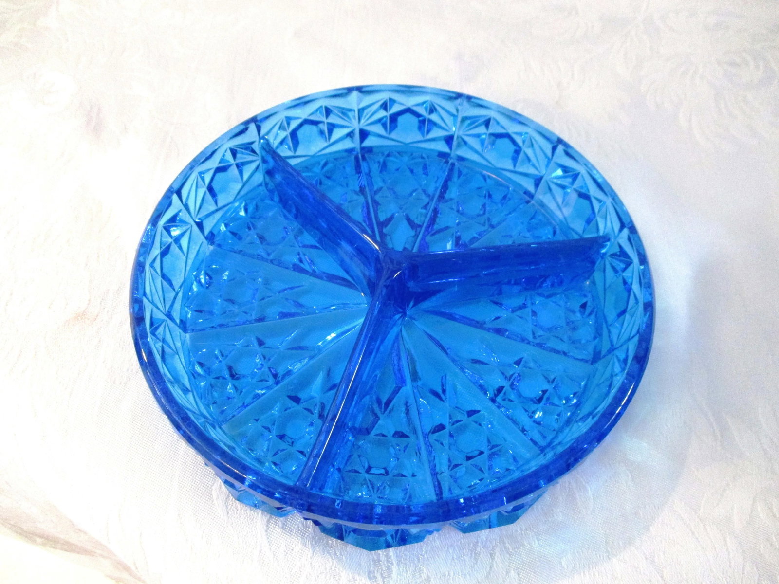 Mid-Century Lazer Blue Cut Glass Lidded Divided Bowl - 8