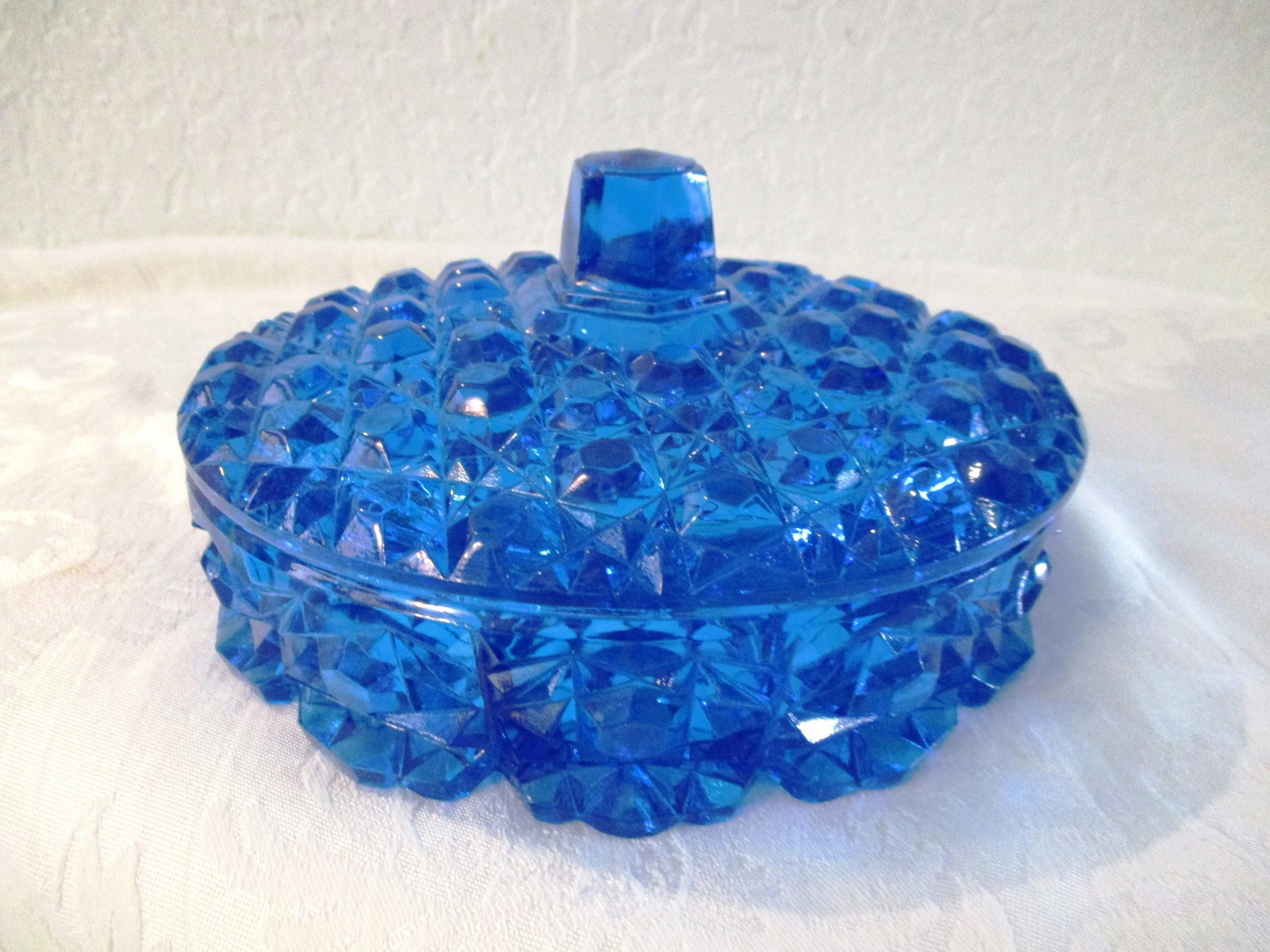Mid-Century Lazer Blue Cut Glass Lidded Divided Bowl - 9