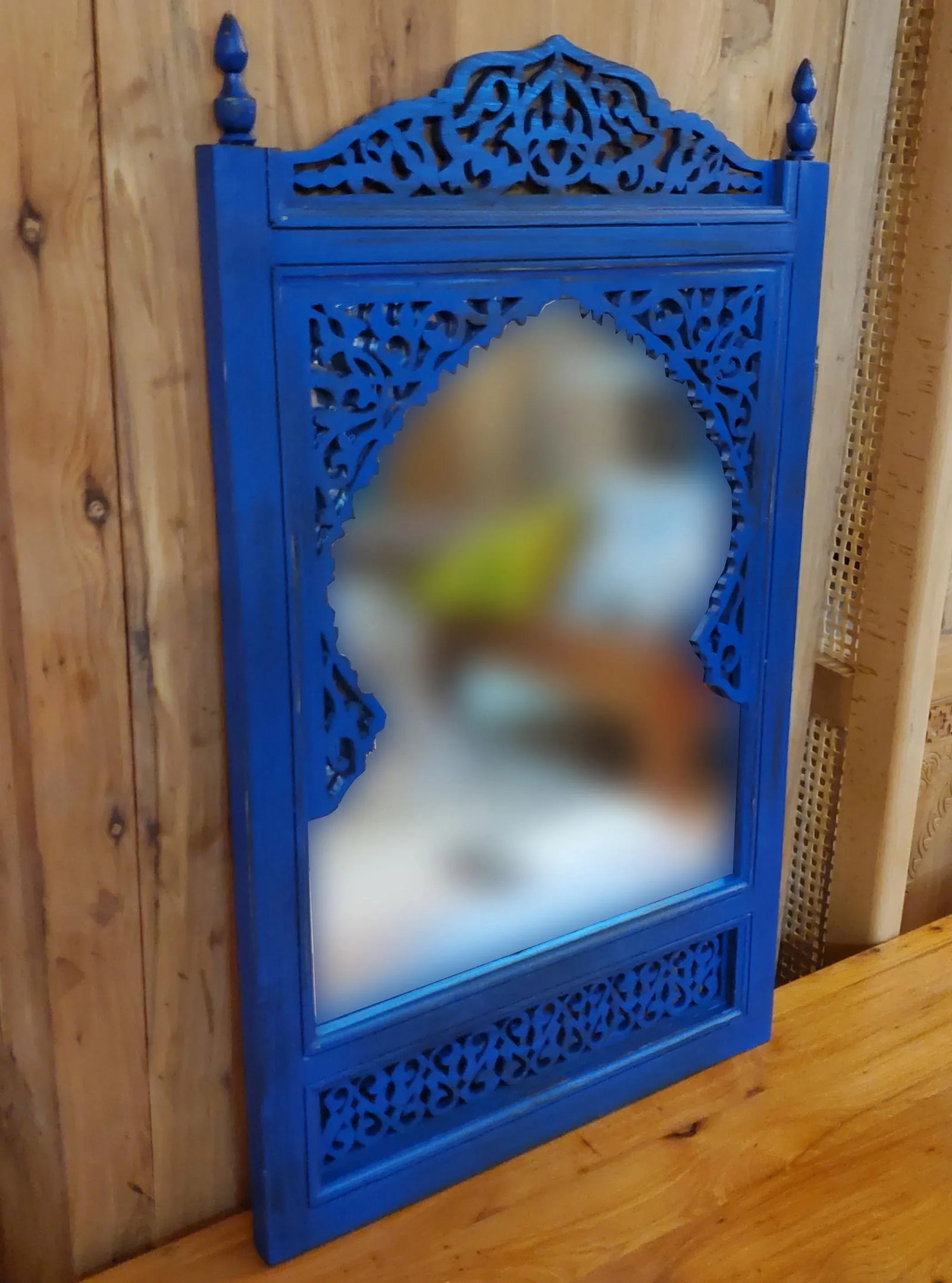 Contemporary Blue Nila Moroccan Hand-Carved Wooden Mirror - 3