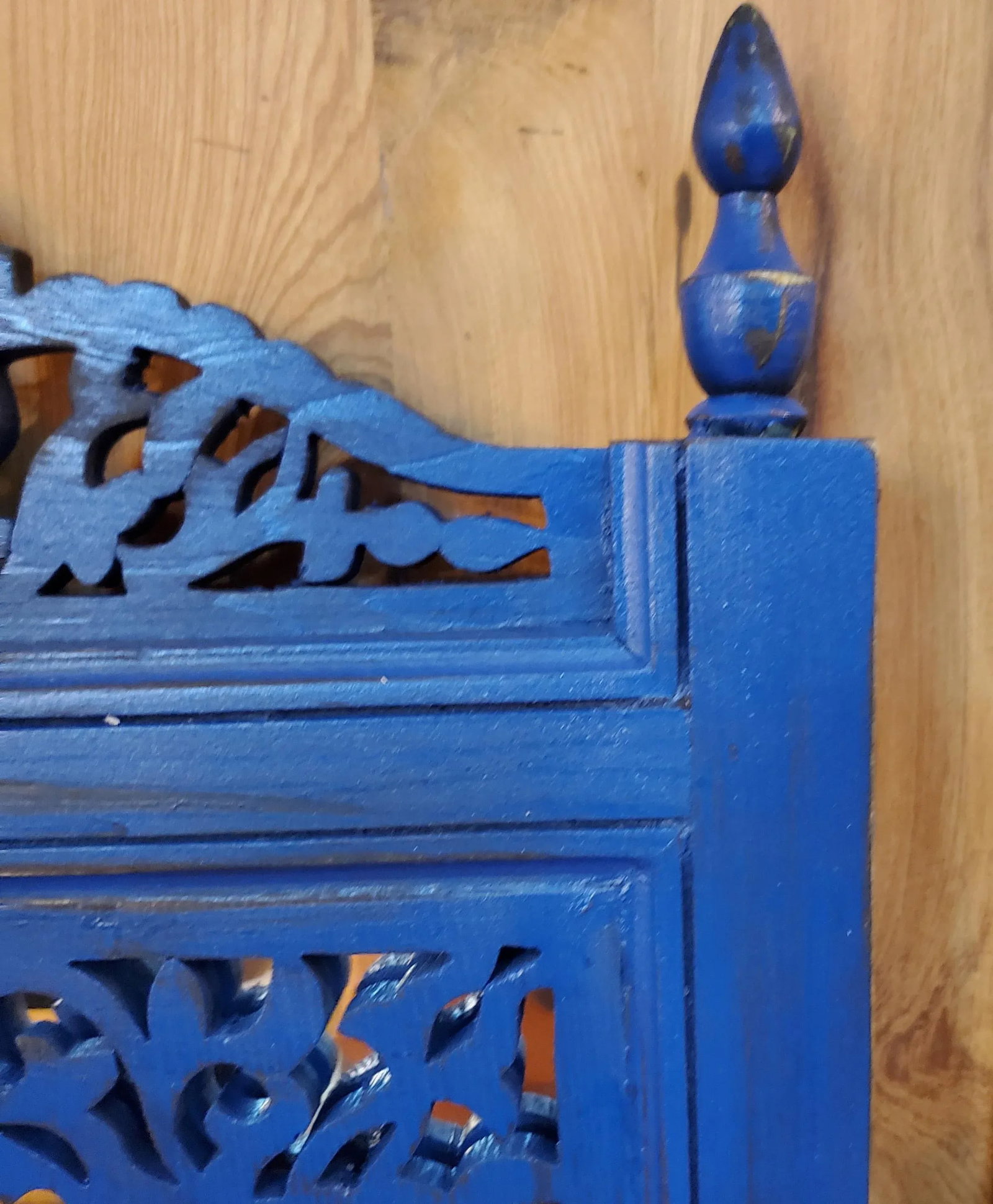 Contemporary Blue Nila Moroccan Hand-Carved Wooden Mirror - 5