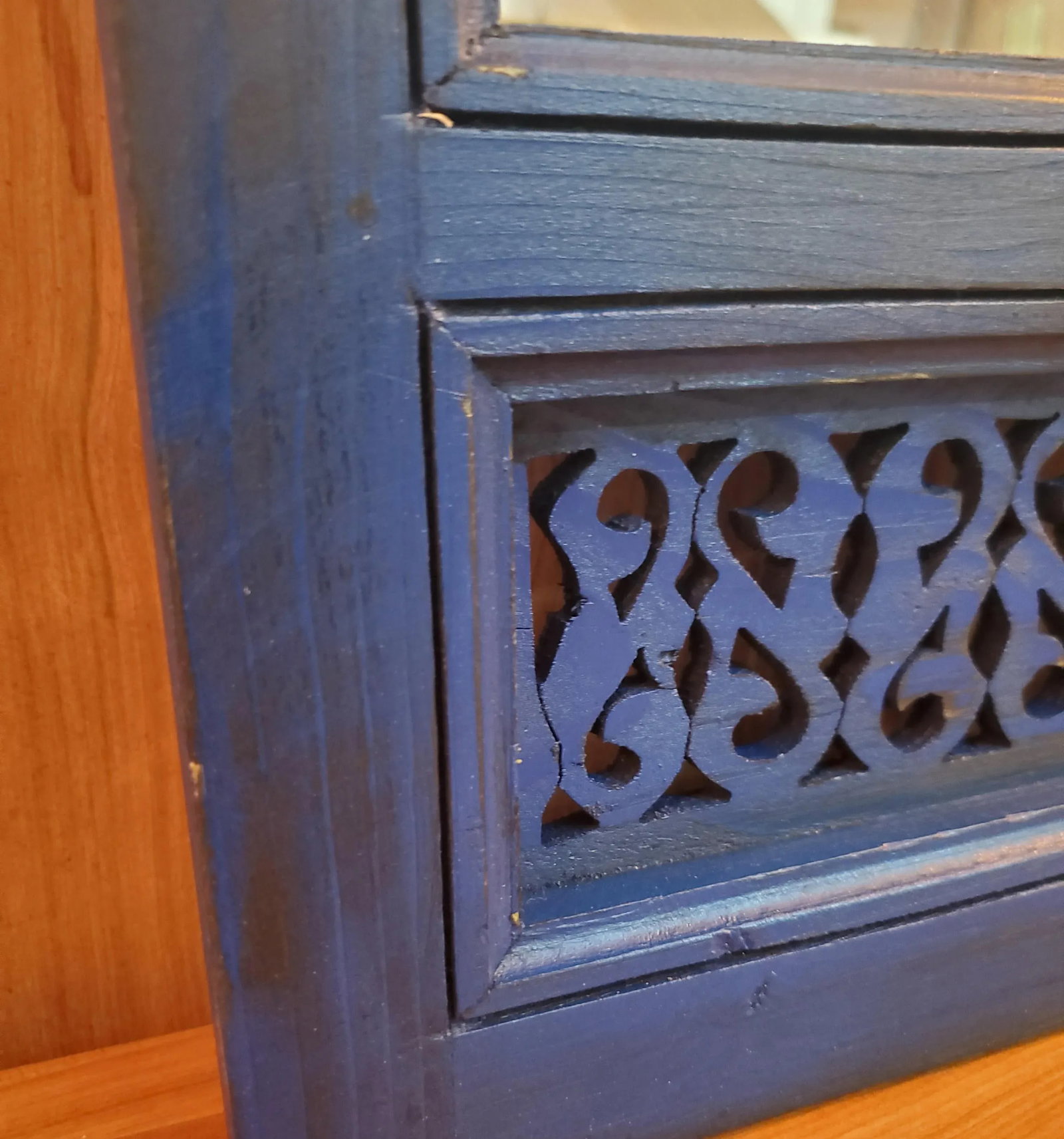 Contemporary Blue Nila Moroccan Hand-Carved Wooden Mirror - 6