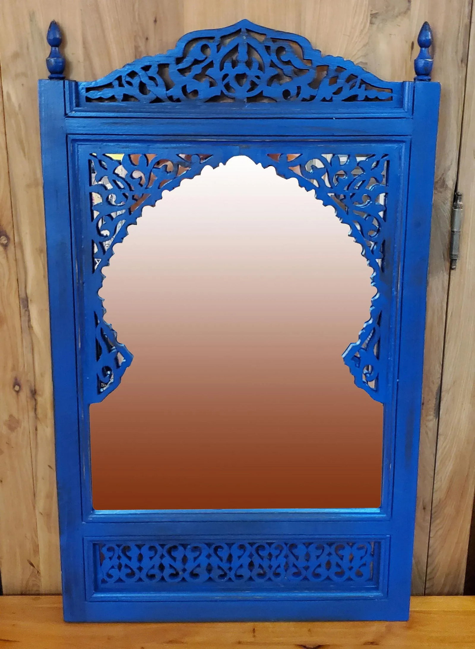 Contemporary Blue Nila Moroccan Hand-Carved Wooden Mirror - 7