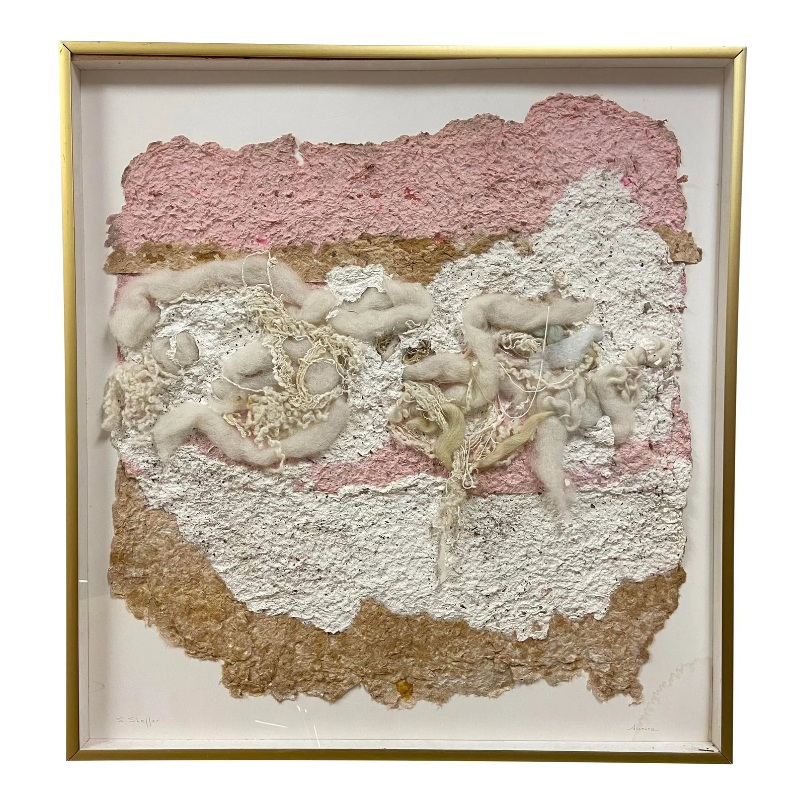 Vintage Handmade Paper Fiber Artwork Signed: Vintage handmade paper and other various wool material and fiber art collage with pink, tan, and multi tonal cream colors. Gold frame behind clear acrylic which makes it light for hanging. Signed S Sh