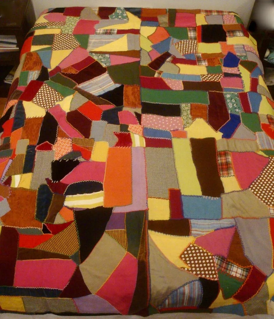 Embroidered Crazy Quilt Textile Blanket Folk Art - 3