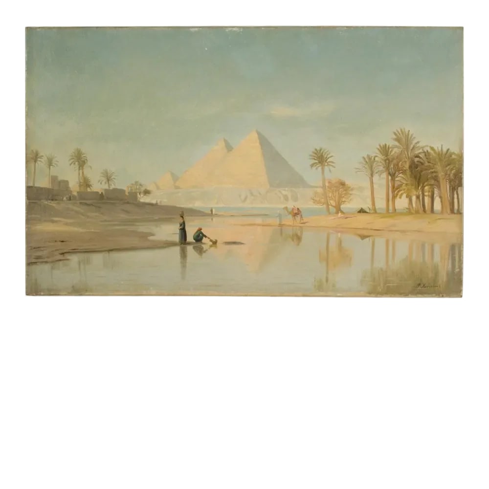 Egyptian Landscape Oil Painting by John Peter Kornbeck, Mid 19th C.: John Peter Kornbeck (Danish b. 1837-1894) -An expansive view of the flood plains of the Nile with people, palm trees, buildings and camel along the banks in the foreground and Pyramids in the