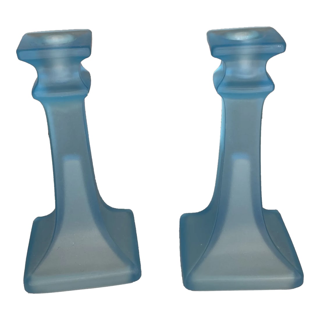 Tiffin Blue Glass Candlestick Holders- a Pair: Both candlesticks are in good condition with only two blemishes on one of the candle holders. These blemishes are photographed. There is a small imperfection along the top rim of one candle holder.