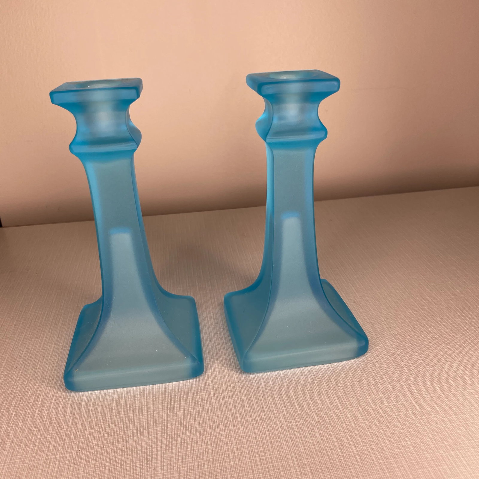 Tiffin Blue Glass Candlestick Holders- a Pair - 3