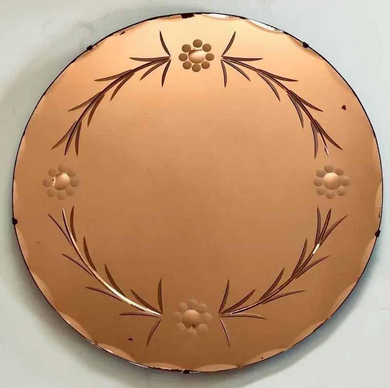 1930s Art Deco Peach Etched Circular Beveled Wall Mirror - 7