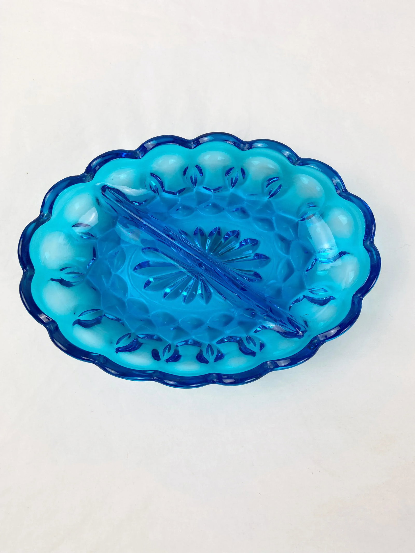 Vintage Turquoise Blue Indiana Glass Oval Divided Dish - 7