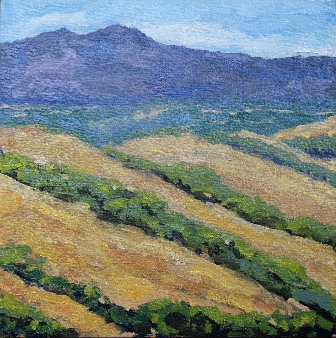 Diablo, Modern Landscape Oil Painting: Quiet Places & Landscapes - Mt. Diablo Original oil painting by Haas, 10 x 10 unframed on panel, signed. This vibrant landscape pays homage to the iconic peak of the San Francisco Bay Area. Growing