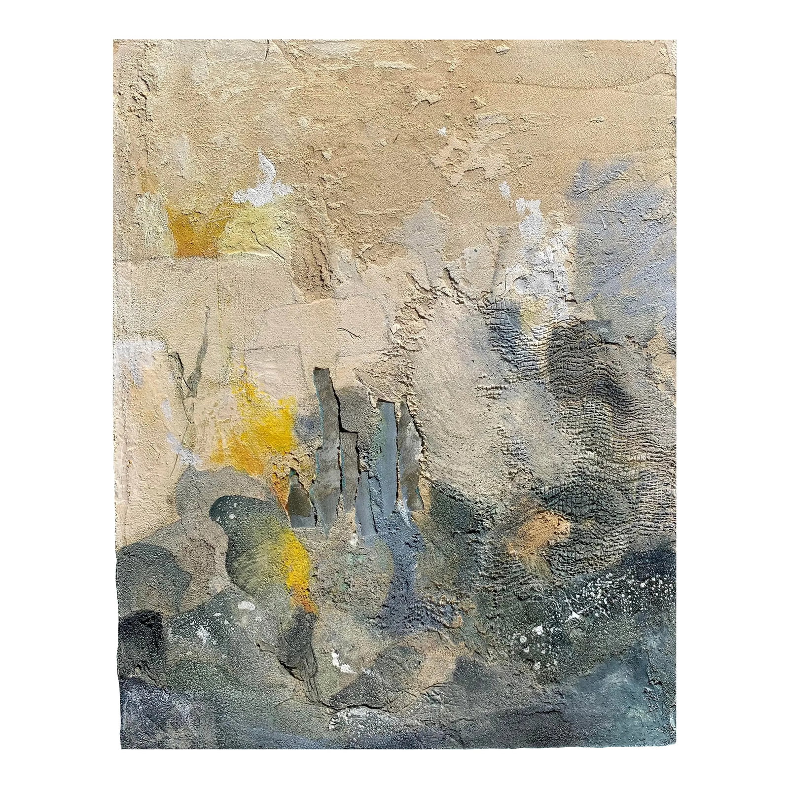 Contemporary Abstract Expressionist Mixed-Media Encaustic Painting by Eiko Shima: An improvised mixed media encaustic painting varying elements, gestures, patterns, marks and textures by Eiko Shima. An artist comfortable breaking out of the formulaic and working intuitively. Condit