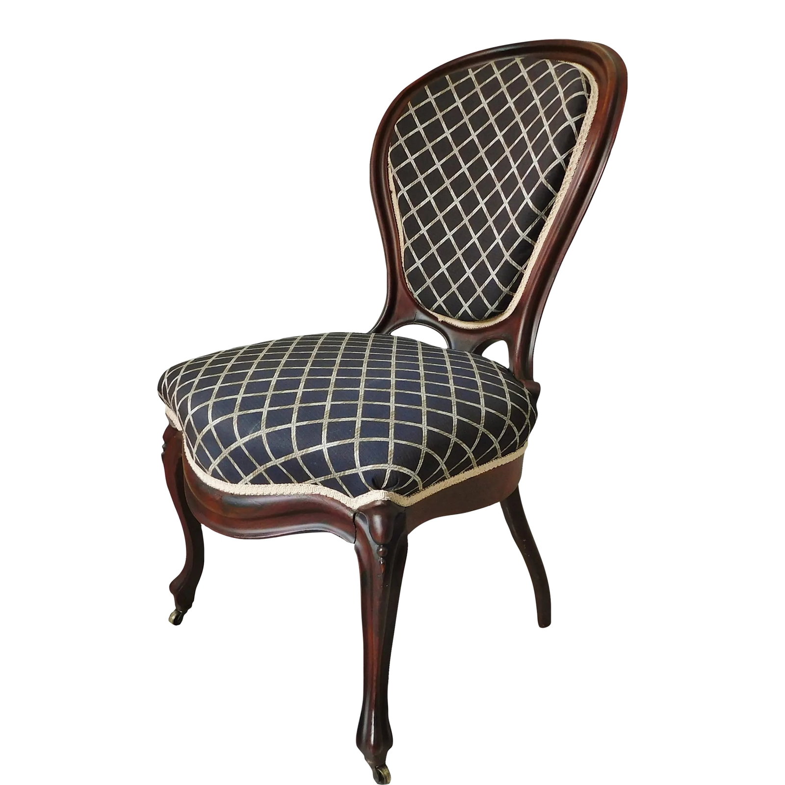 Antique Victorian Solid Mahogany Wood Balloon Back Navy Blue & Ivory Accent Chair: Lovely antique Victorian solid mahogany wood balloon back accent chair. It has been beautifully re-upholstered in navy blue & ivory. Original springs & straps with wheels in front. Made in the USA - C