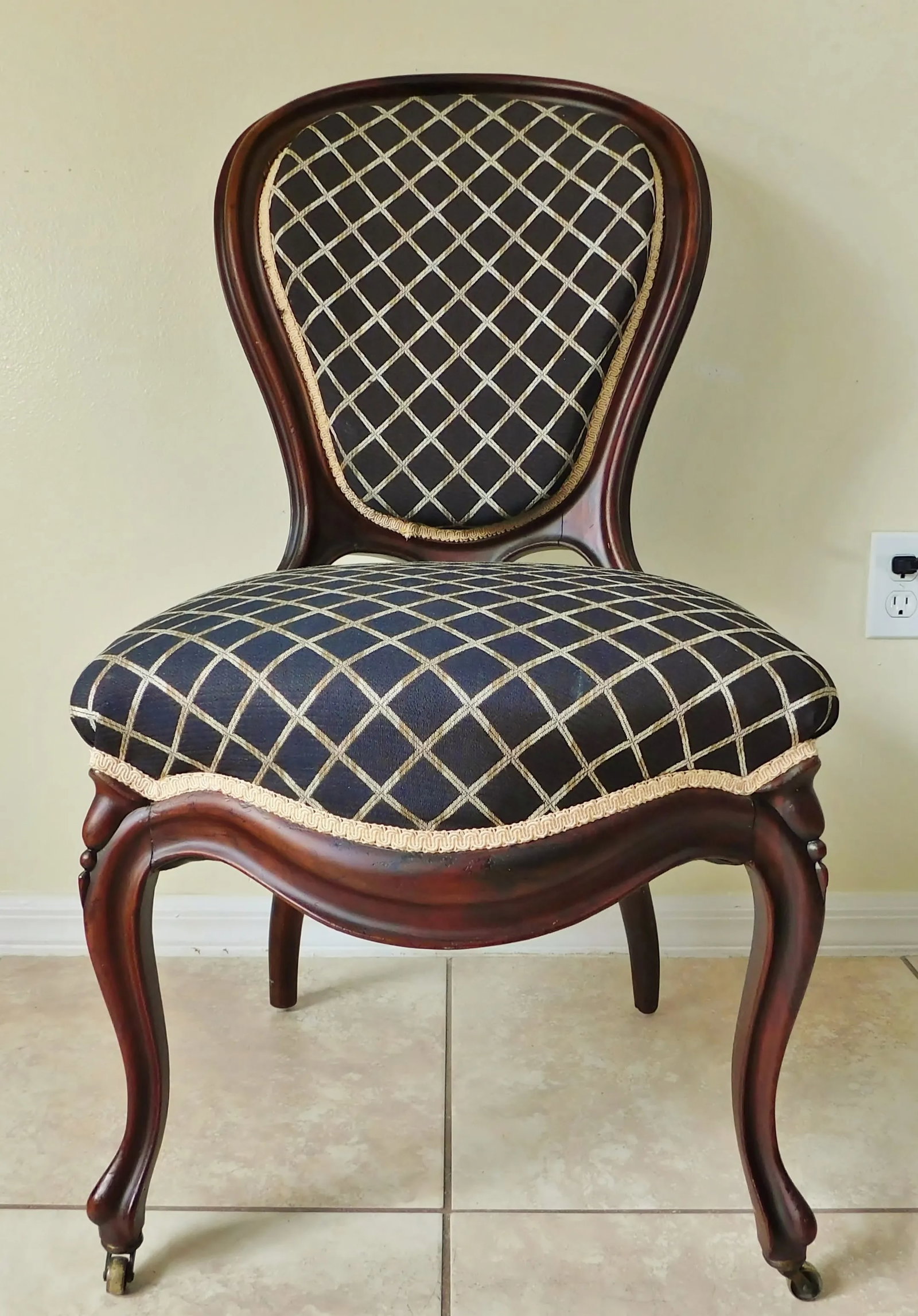 Antique Victorian Solid Mahogany Wood Balloon Back Navy Blue & Ivory Accent Chair - 2