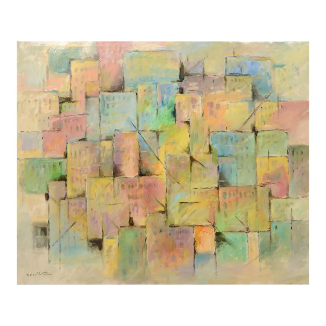 "City of Color" Contemporary Mixed-Media Signed Original Abstract Painting: City Of Color is an original mixed media painting by artist Hardy Martin. The colorful abstract cityscape is filled with soft pastel colors. The painting is on a large gallery wrapped canvas with the 