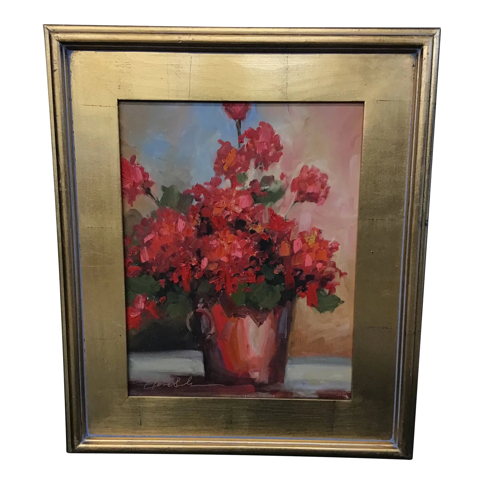 A Bouquet of Flowers, Still Life Painting: This painting is done by the artist Derec Roache. It has beautiful red and green colors, that really provides a warmth feeling when one looks at it. The pieces is signed by the artist and has